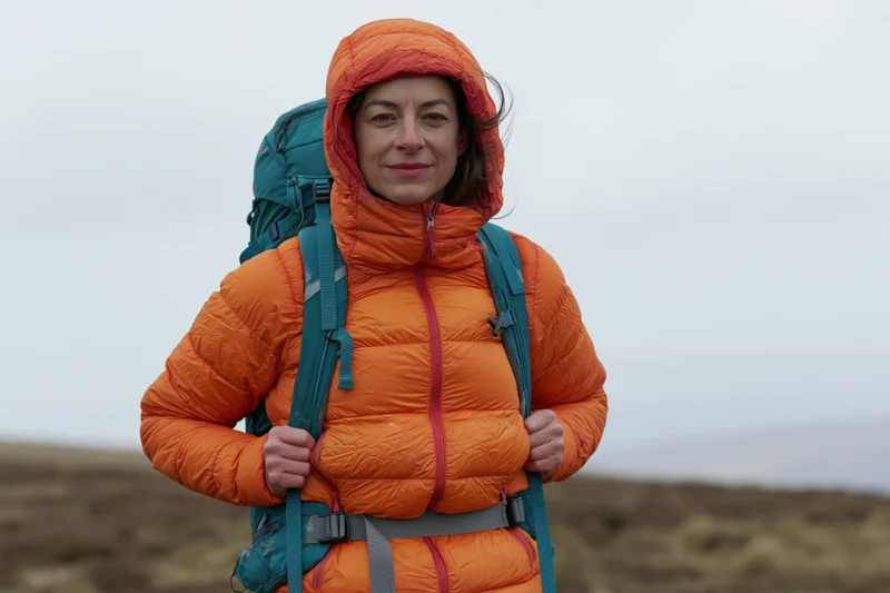 Woman in orange puffer jacket with teal backpack standing in moorland landscape