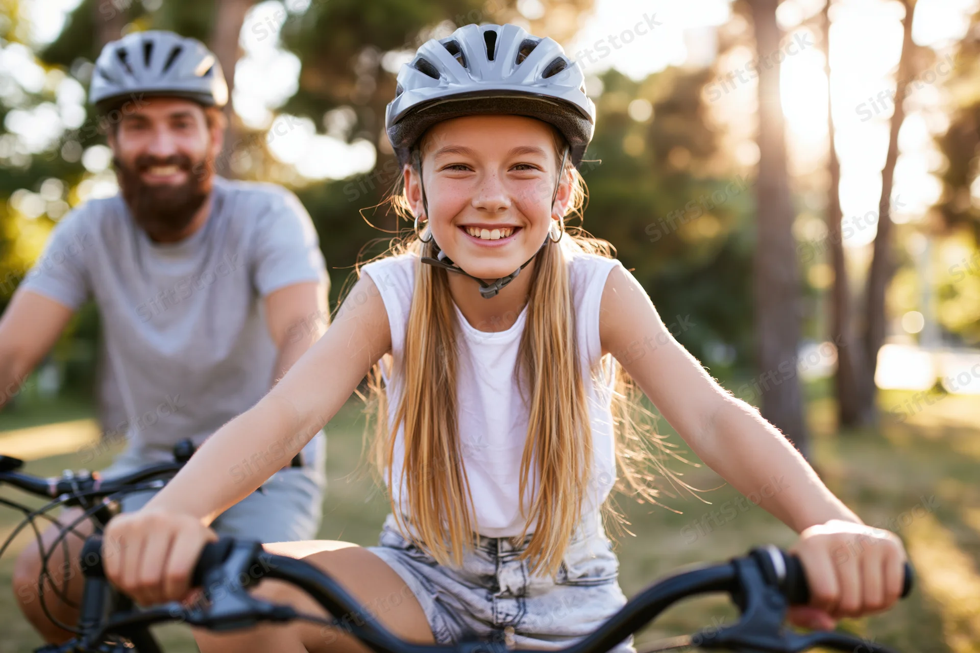 Young girl smiling while riding bicycle in park with father behind her
