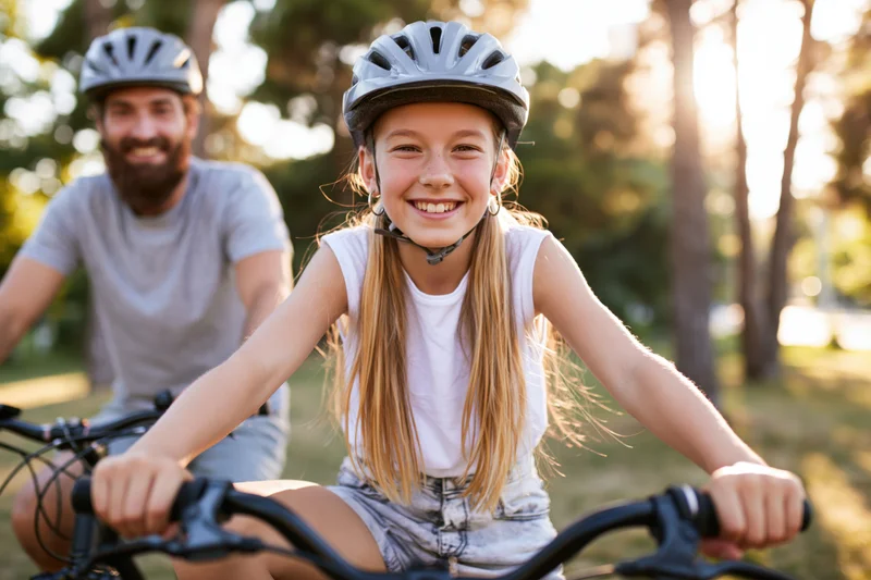 Young girl smiling while riding bicycle in park with father behind her