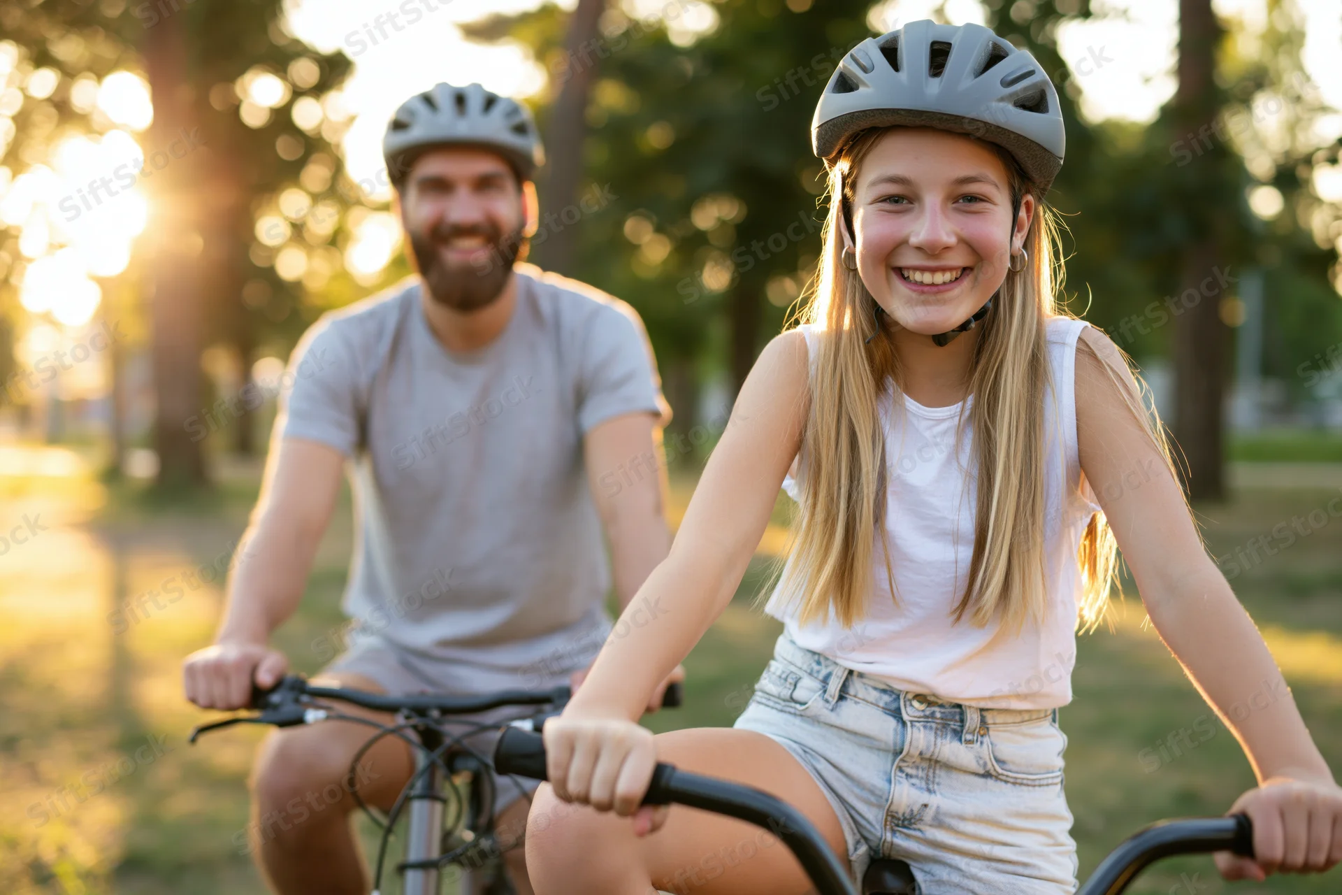 Young girl and her father smiling while riding bicycles in a park at sunset