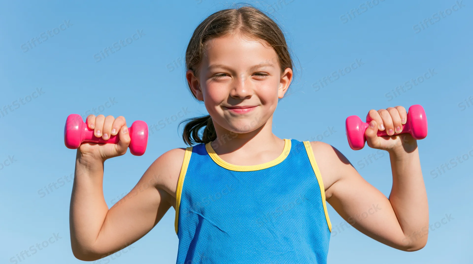 Young girl smiling while lifting pink dumbbells outdoors against blue sky