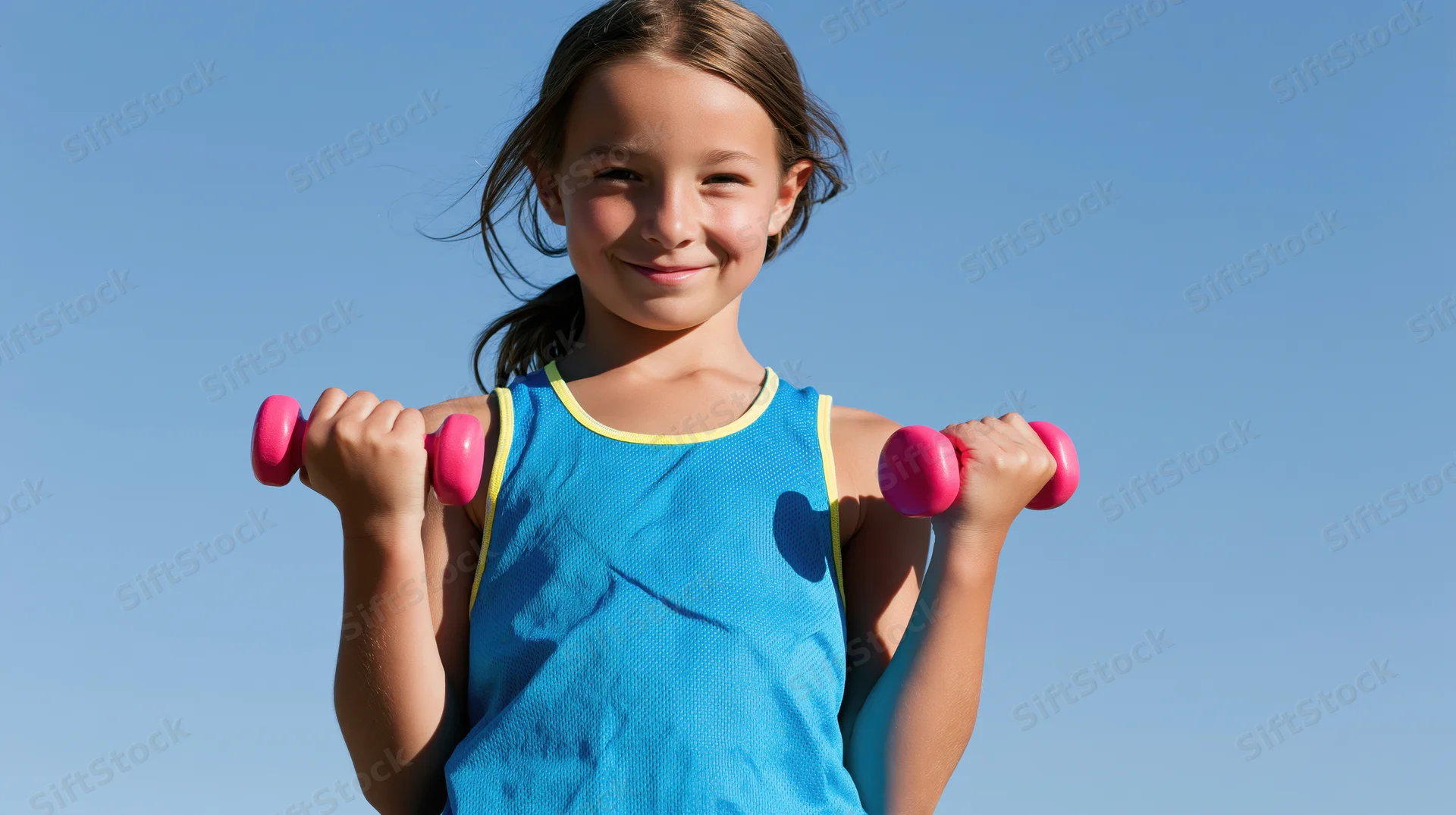 Young girl smiling while holding pink dumbbells outdoors against blue sky