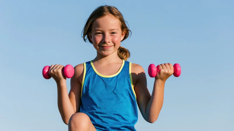 Young girl lifting pink dumbbells outdoors against blue sky