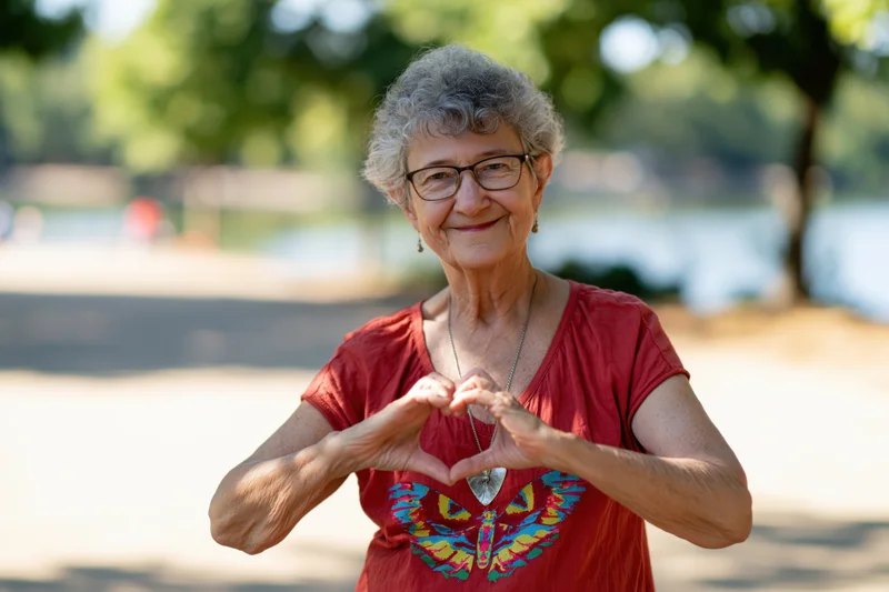 Elderly woman making heart gesture with hands in park setting