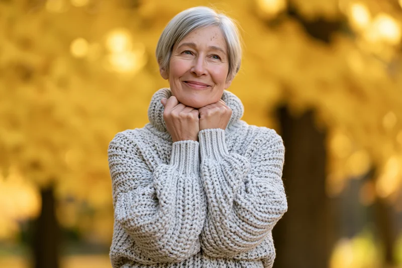 Senior woman smiling with hands on neck in a knitted sweater outdoors among yellow autumn trees