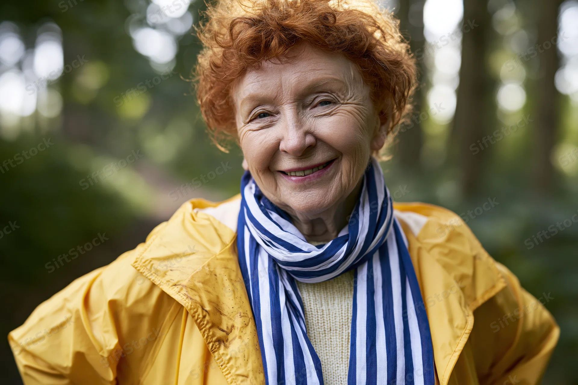 Smiling senior woman in yellow jacket and striped scarf outdoors in forest