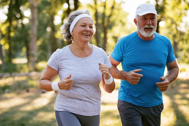 Senior couple jogging together in a sunlit park wearing athletic clothing