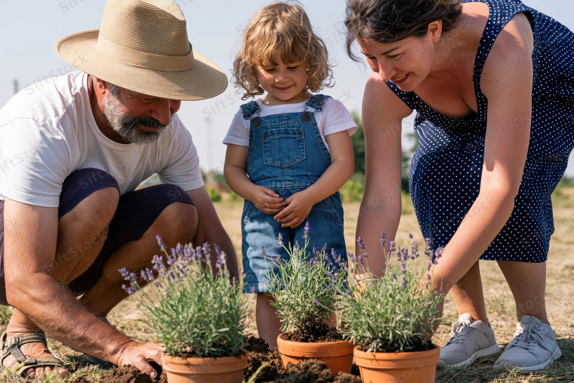 Family tending lavender plants in a garden together on a sunny day