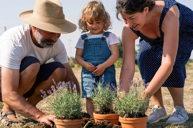 Family tending lavender plants in a garden together on a sunny day