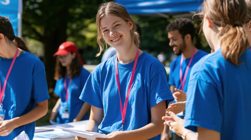 Young woman smiling while interacting with peers at a volunteer event booth in a park