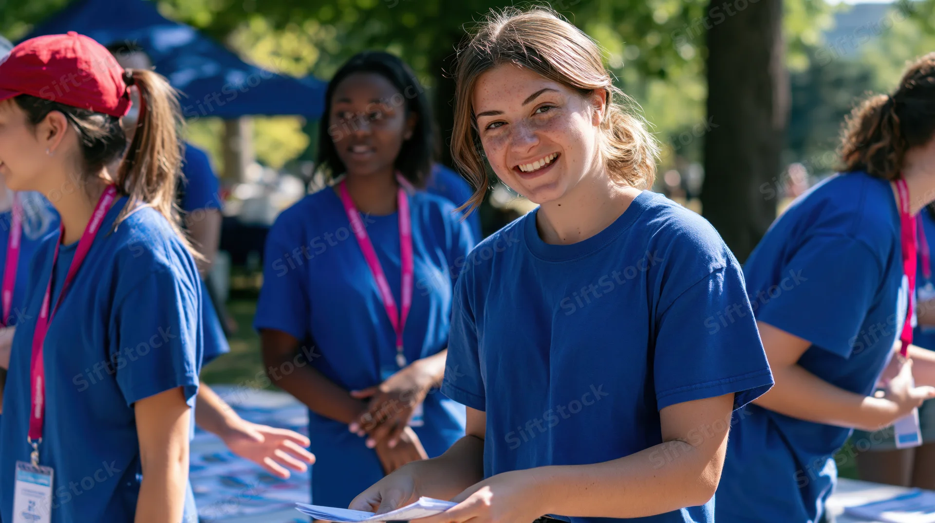 Smiling woman in blue tshirt holding paper at outdoor volunteer event