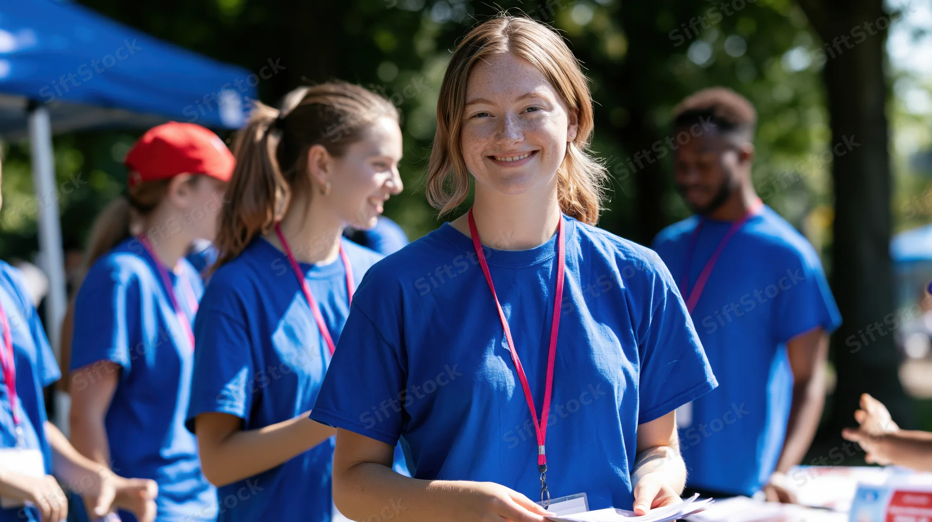 Young woman smiling at a volunteer event booth outdoors