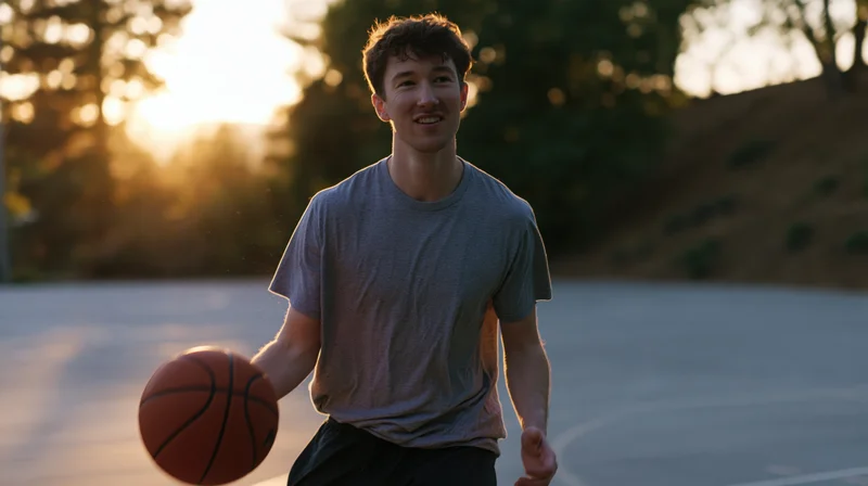 Young man dribbling basketball on outdoor court during golden hour
