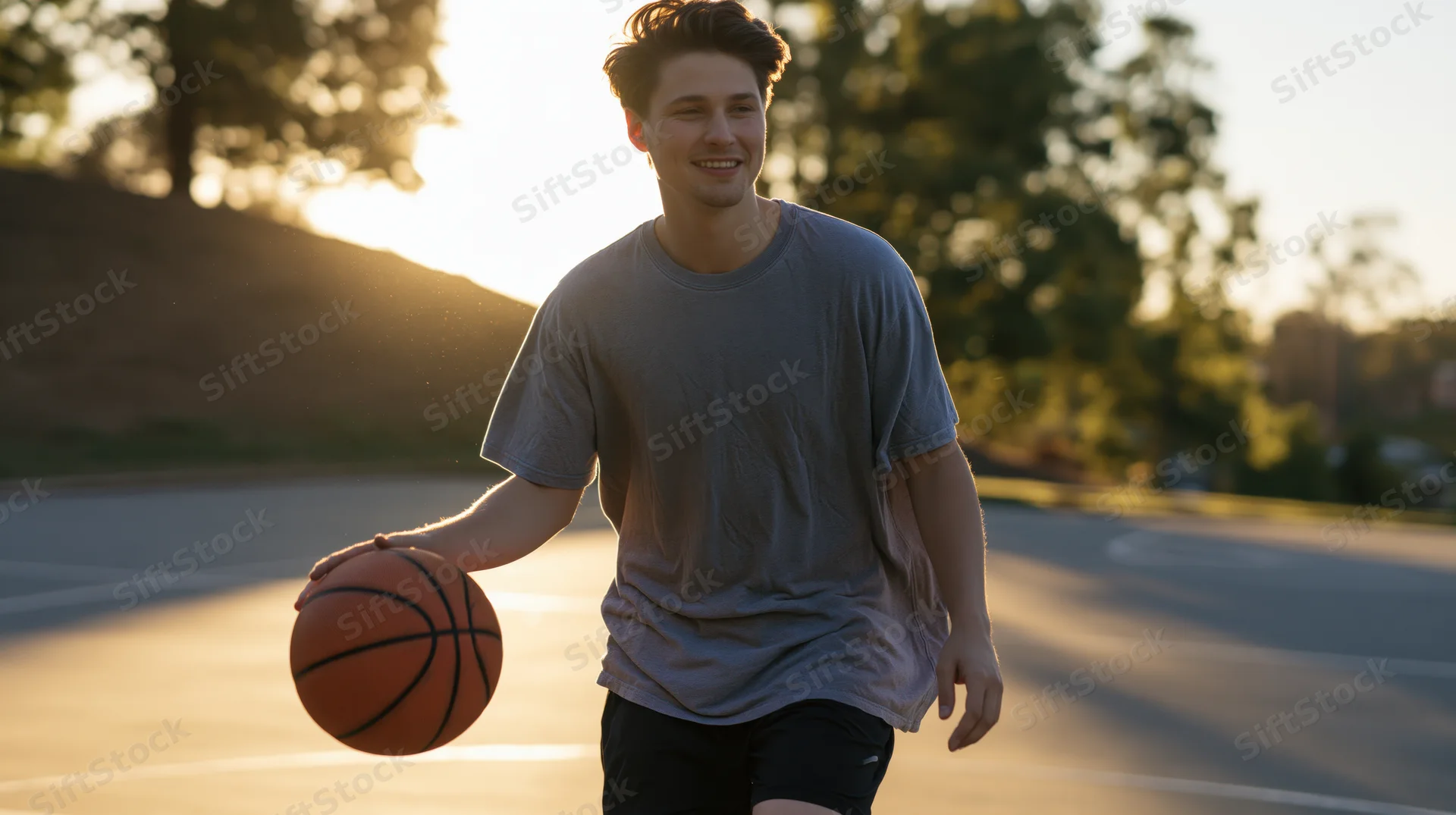 Young man smiling while holding basketball on outdoor court at golden hour