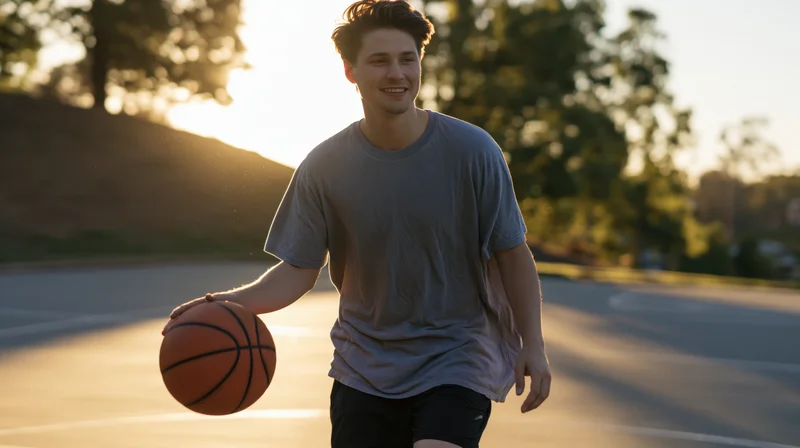 Young man smiling while holding basketball on outdoor court at golden hour