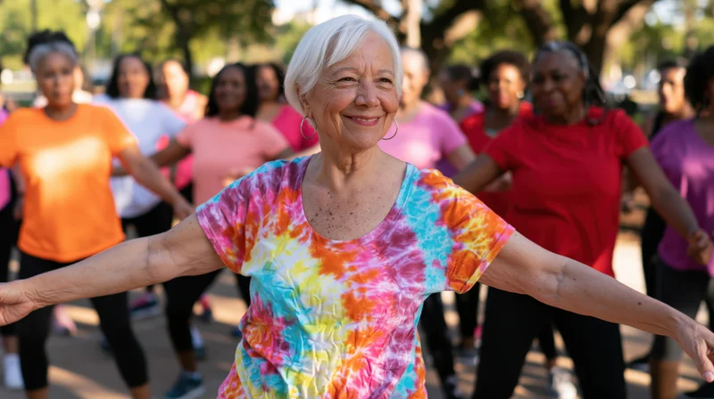Senior woman smiling with arms spread during outdoor group exercise in a park