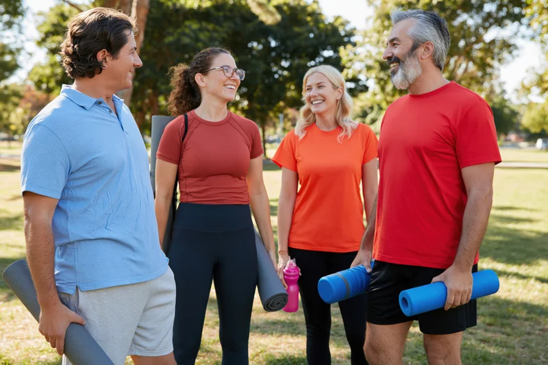 Four adults smiling and holding yoga mats and water bottles in a sunny park