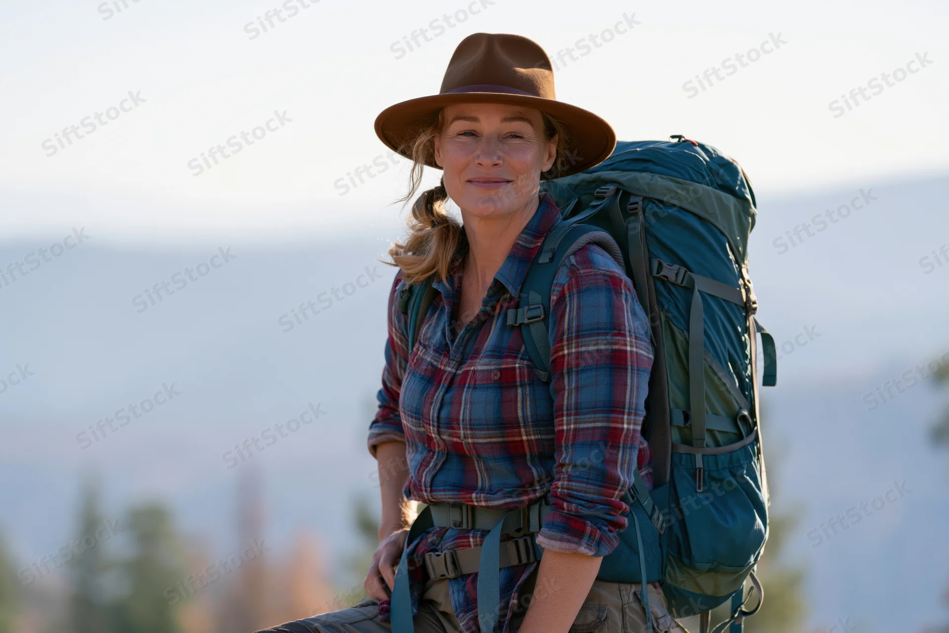 Mature woman smiling with backpack on mountain trail overlooking forested valley