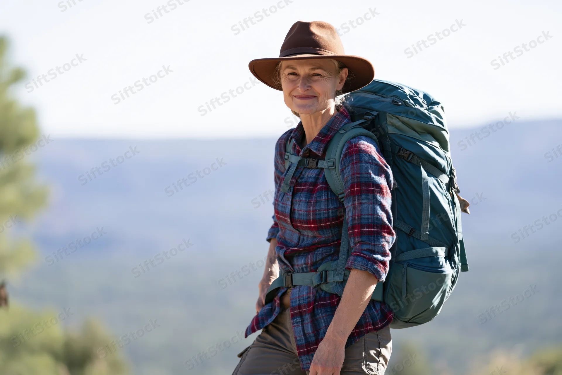 Senior woman hiking with backpack in mountainous forest landscape smiling at camera