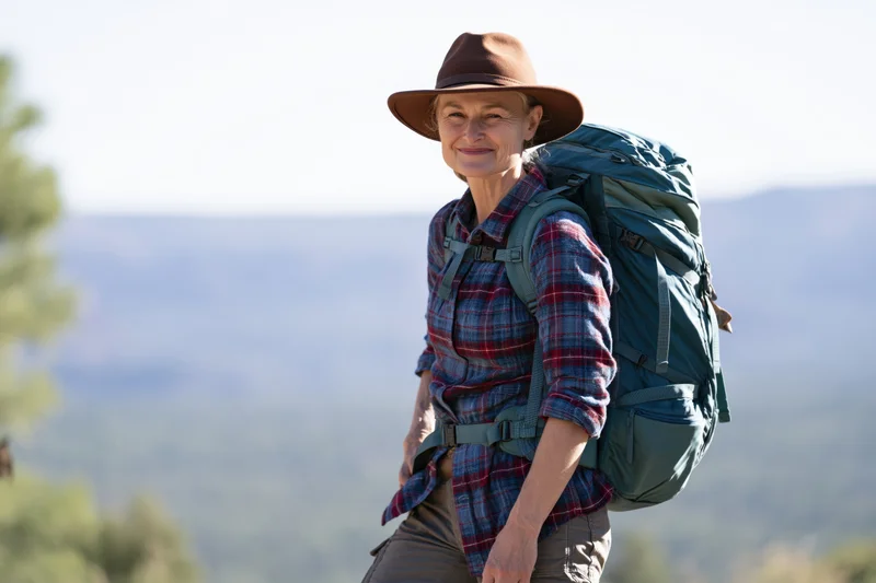 Senior woman hiking with backpack in mountainous forest landscape smiling at camera