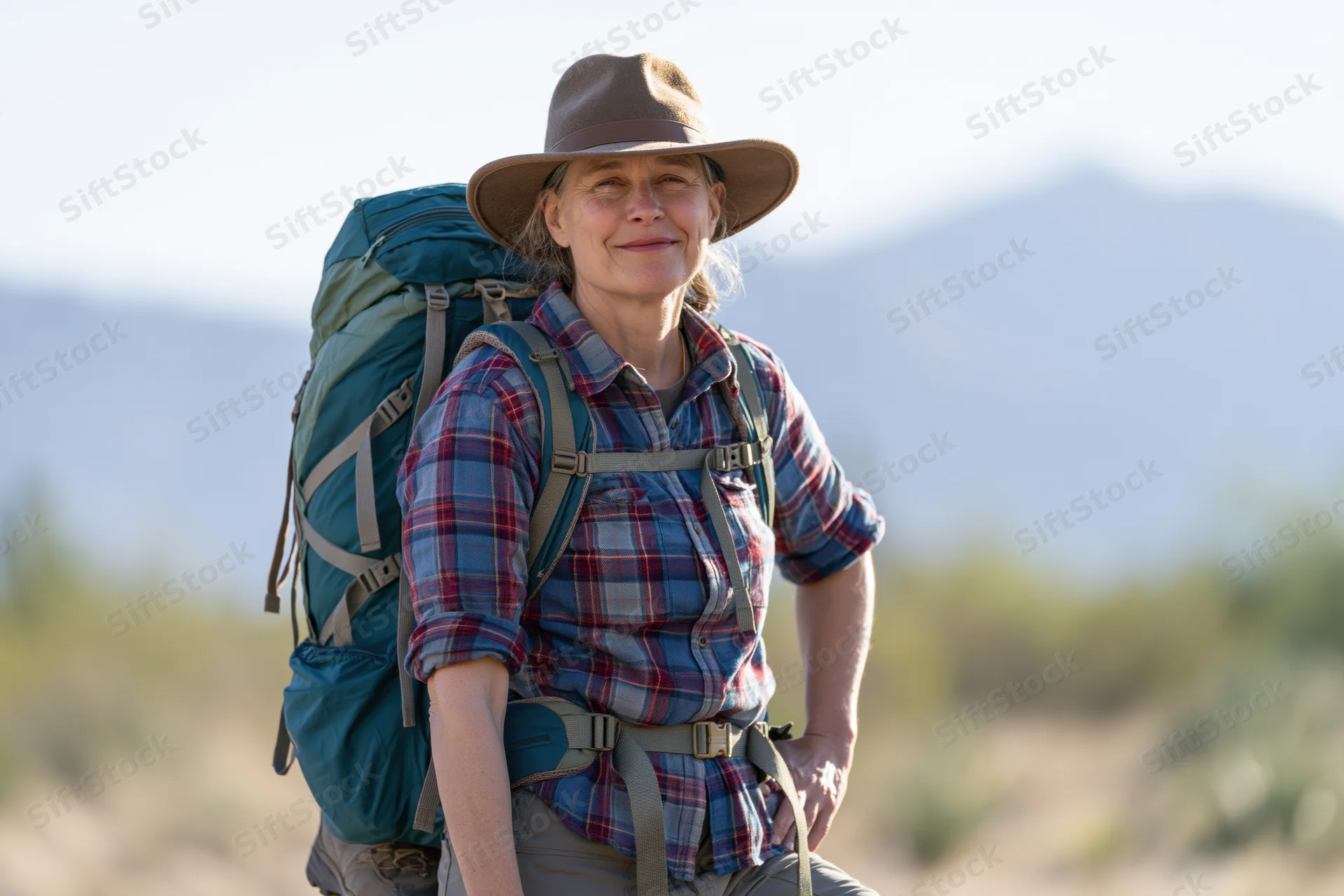 Mature woman hiking with backpack in desert landscape smiling at camera