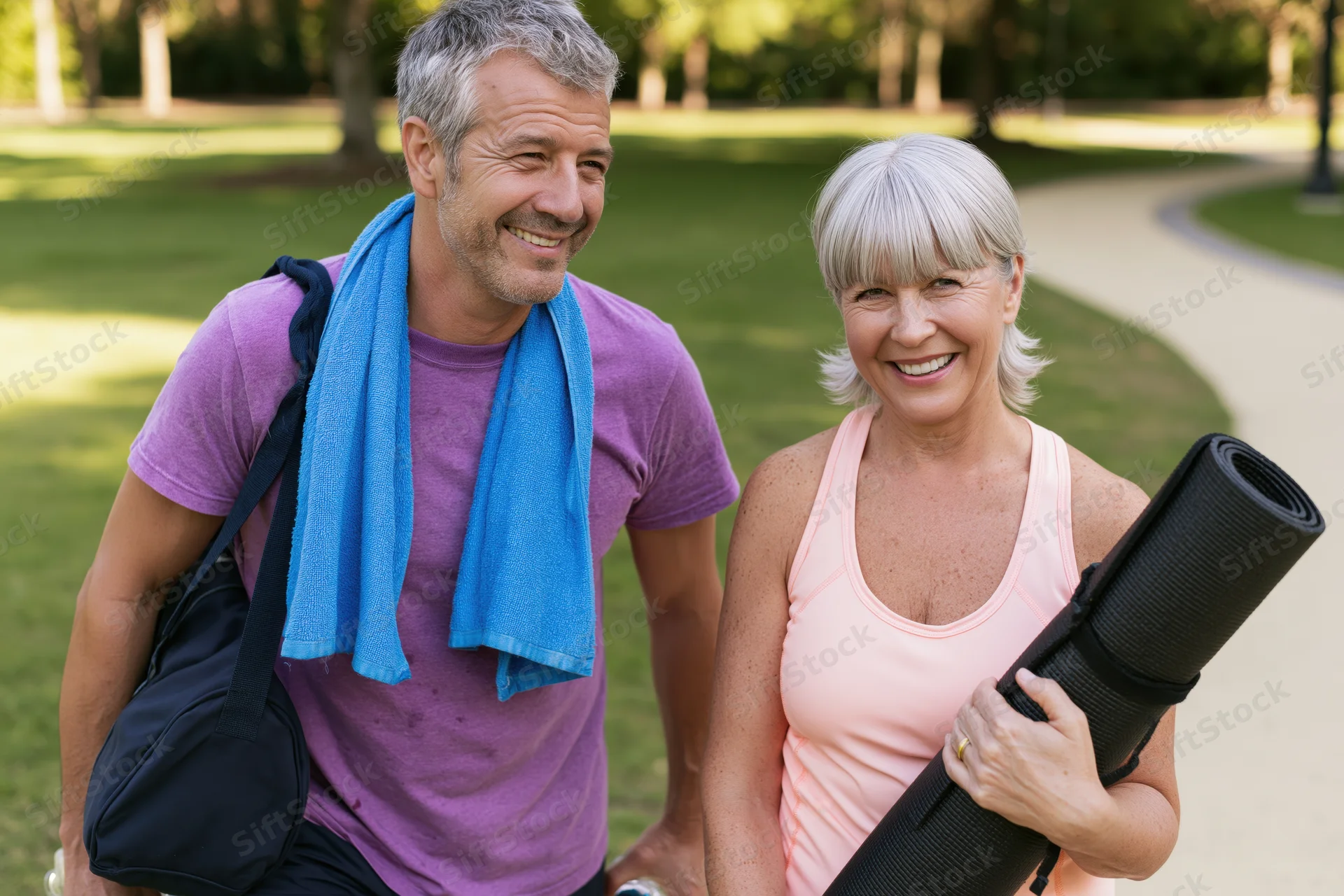 Smiling middle-aged couple walking in a park after exercise, carrying yoga mat and towel