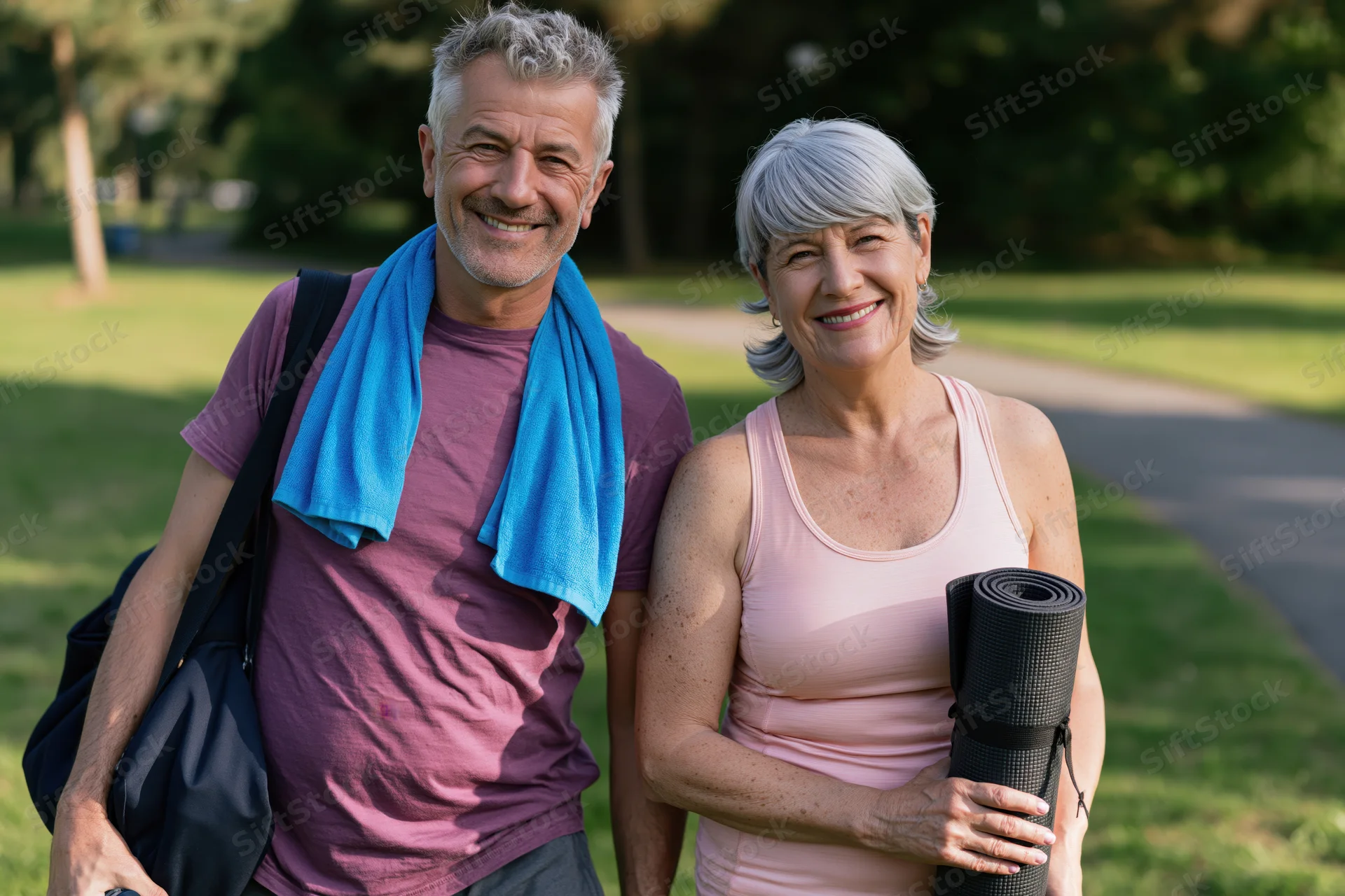 Smiling senior couple holding yoga mat and towel in a park after exercise