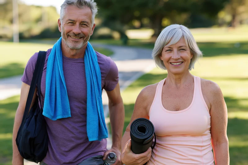 Smiling senior couple holding yoga mat and towel in a park after exercise