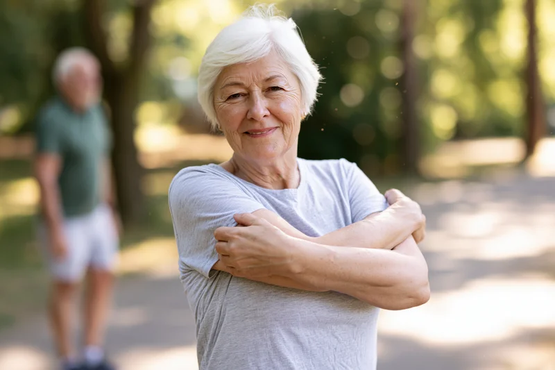 Senior woman stretching her arms in a sunlit park path