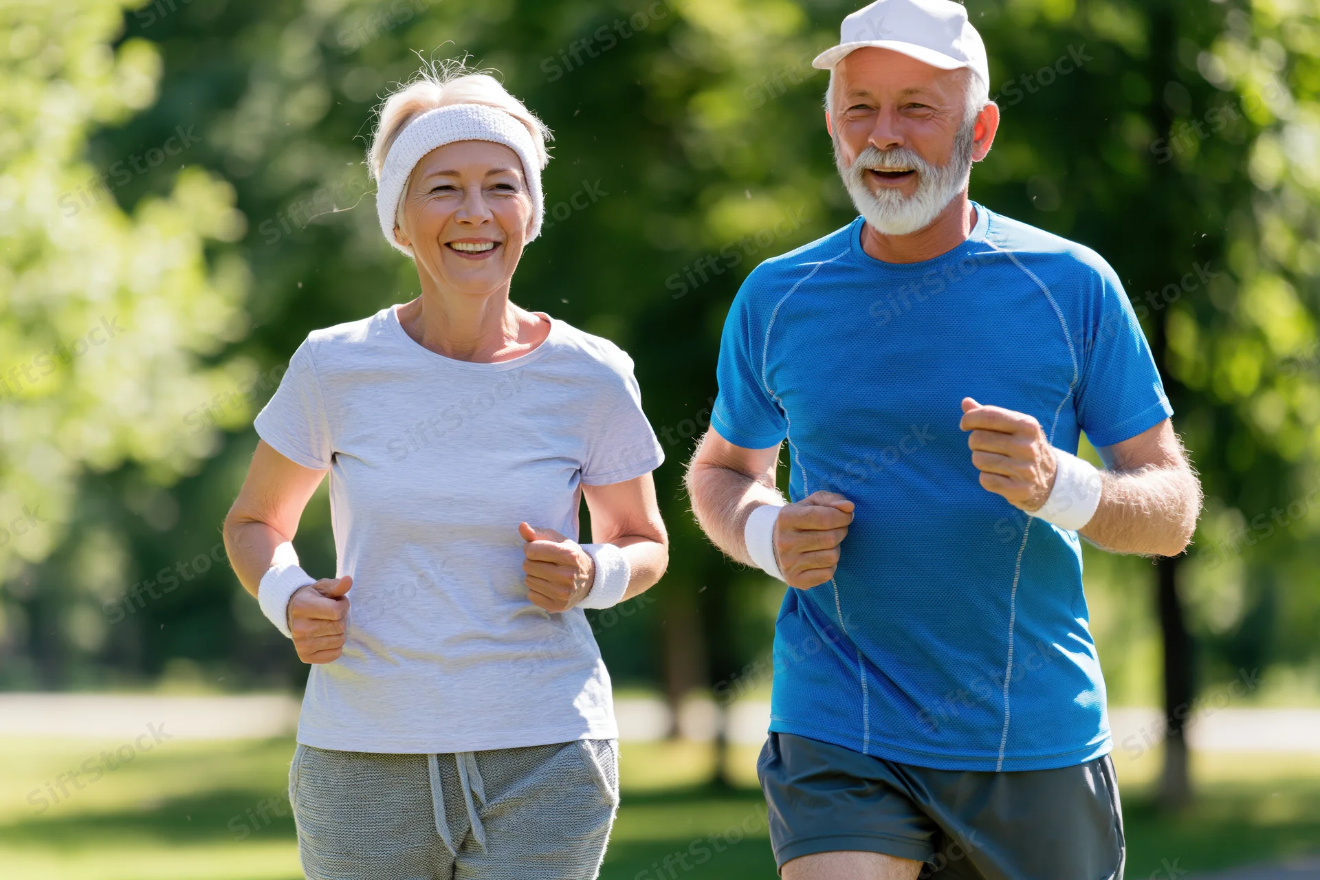 Senior couple jogging together in a sunlit park wearing athletic clothing