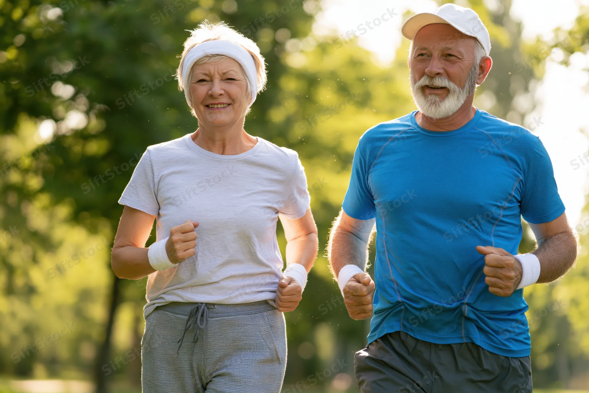 Senior couple jogging together in a sunlit park wearing athletic clothing