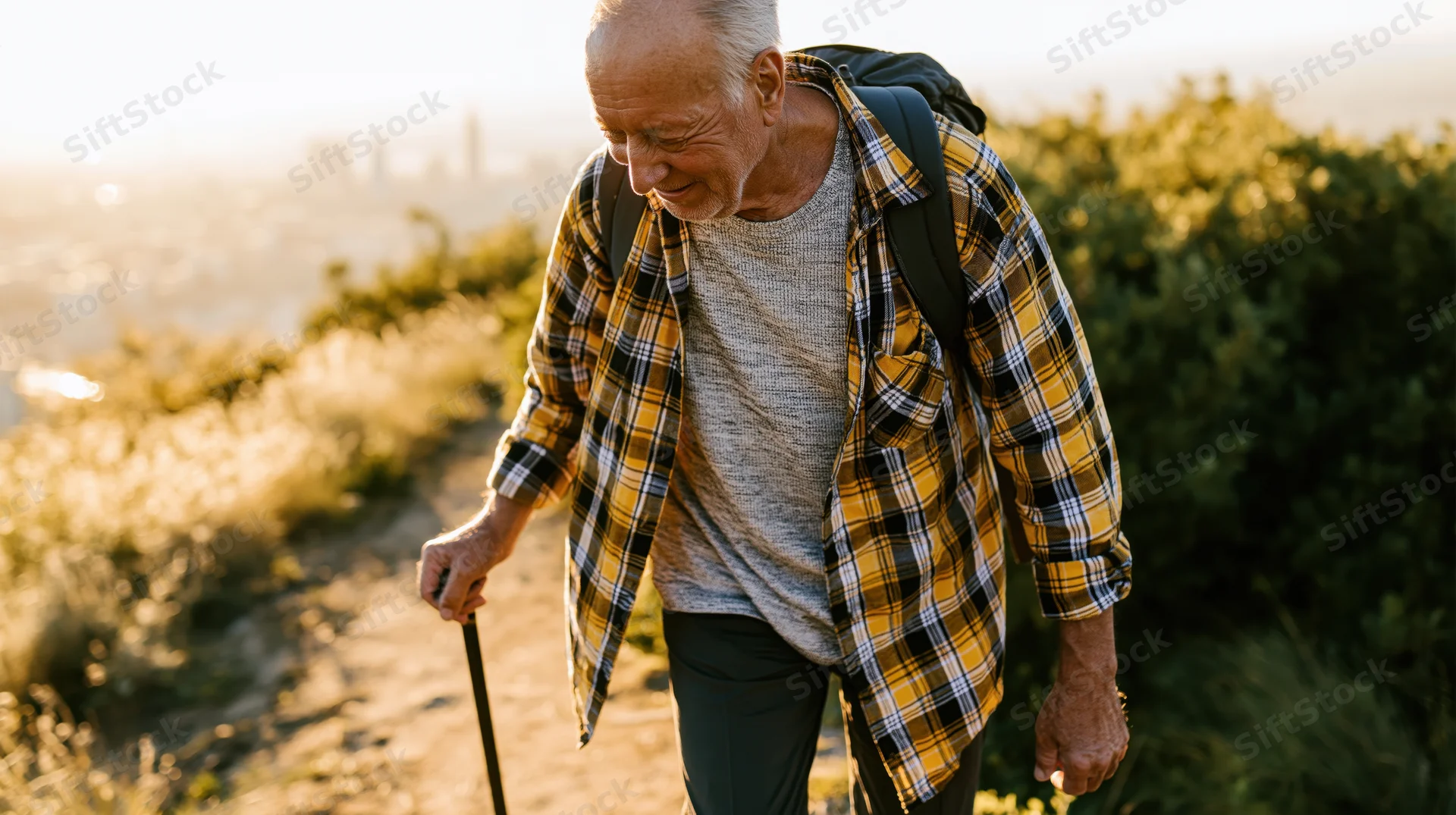 Senior man hiking on a dirt trail with backpack and walking stick, overlooking cityscape at golden hour