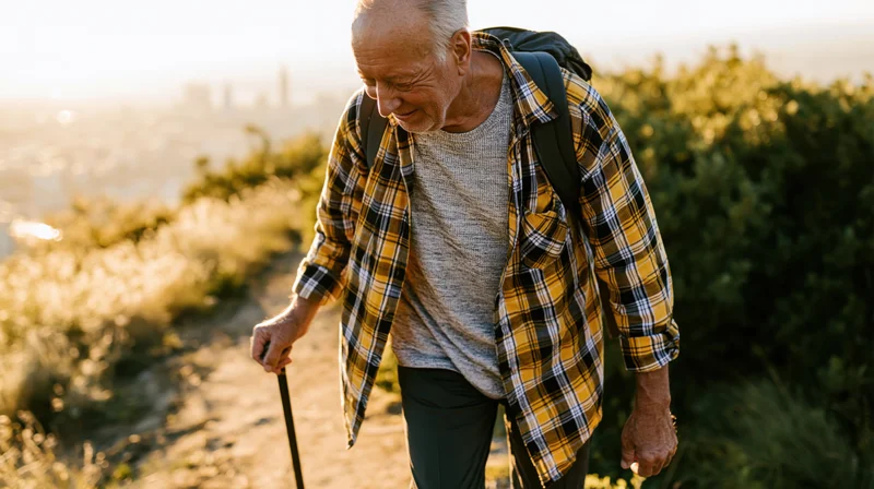 Senior man hiking on a dirt trail with backpack and walking stick, overlooking cityscape at golden hour