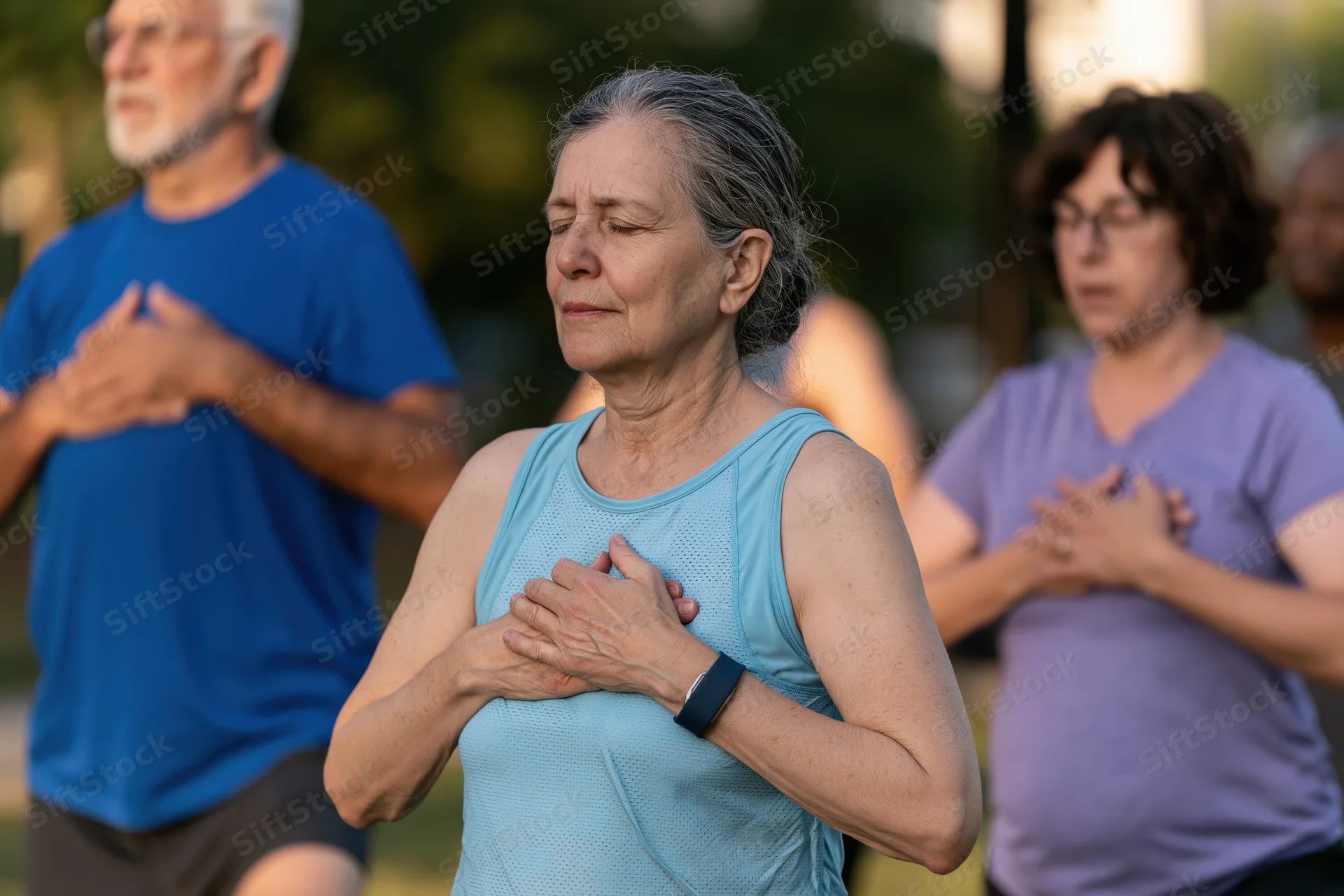 Senior woman meditating with hands on chest during outdoor yoga class in park