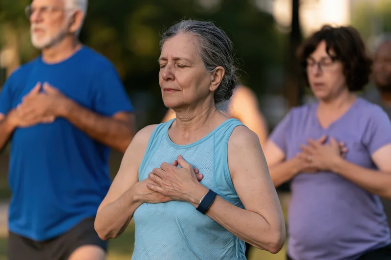 Senior woman meditating with hands on chest during outdoor yoga class in park