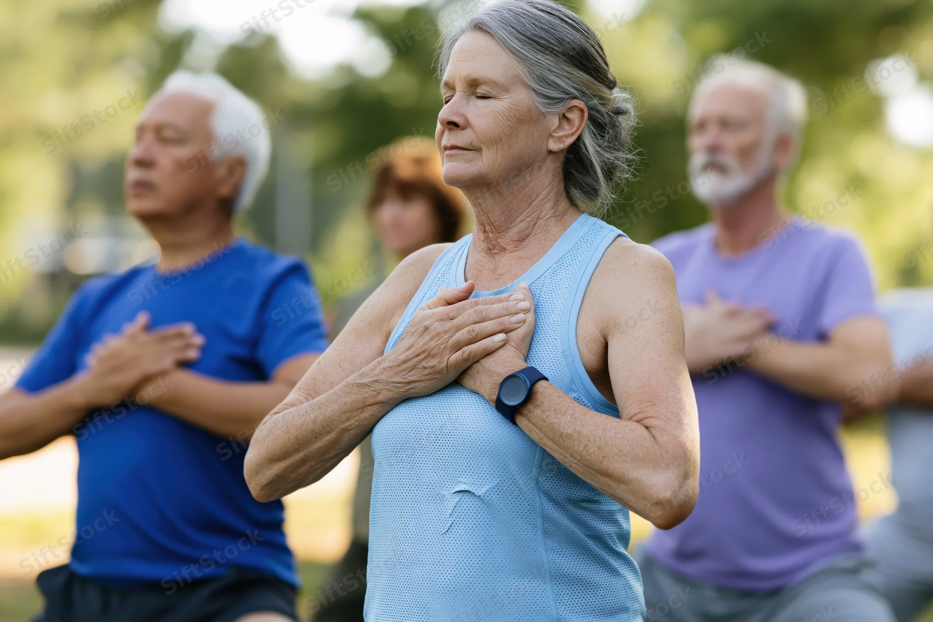 Senior woman with hands on chest during outdoor yoga session with group of older adults in park