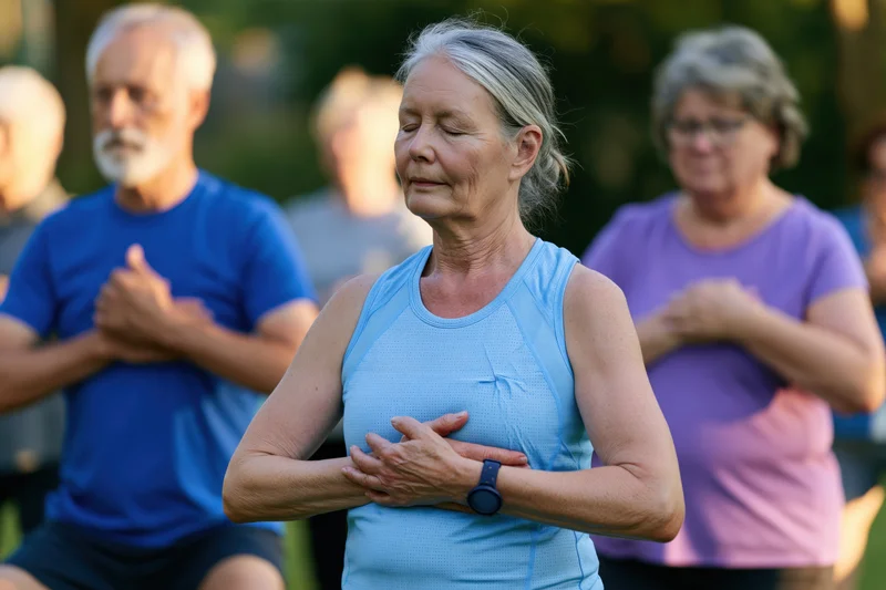 Senior woman with eyes closed placing hands on chest during group outdoor yoga session in park
