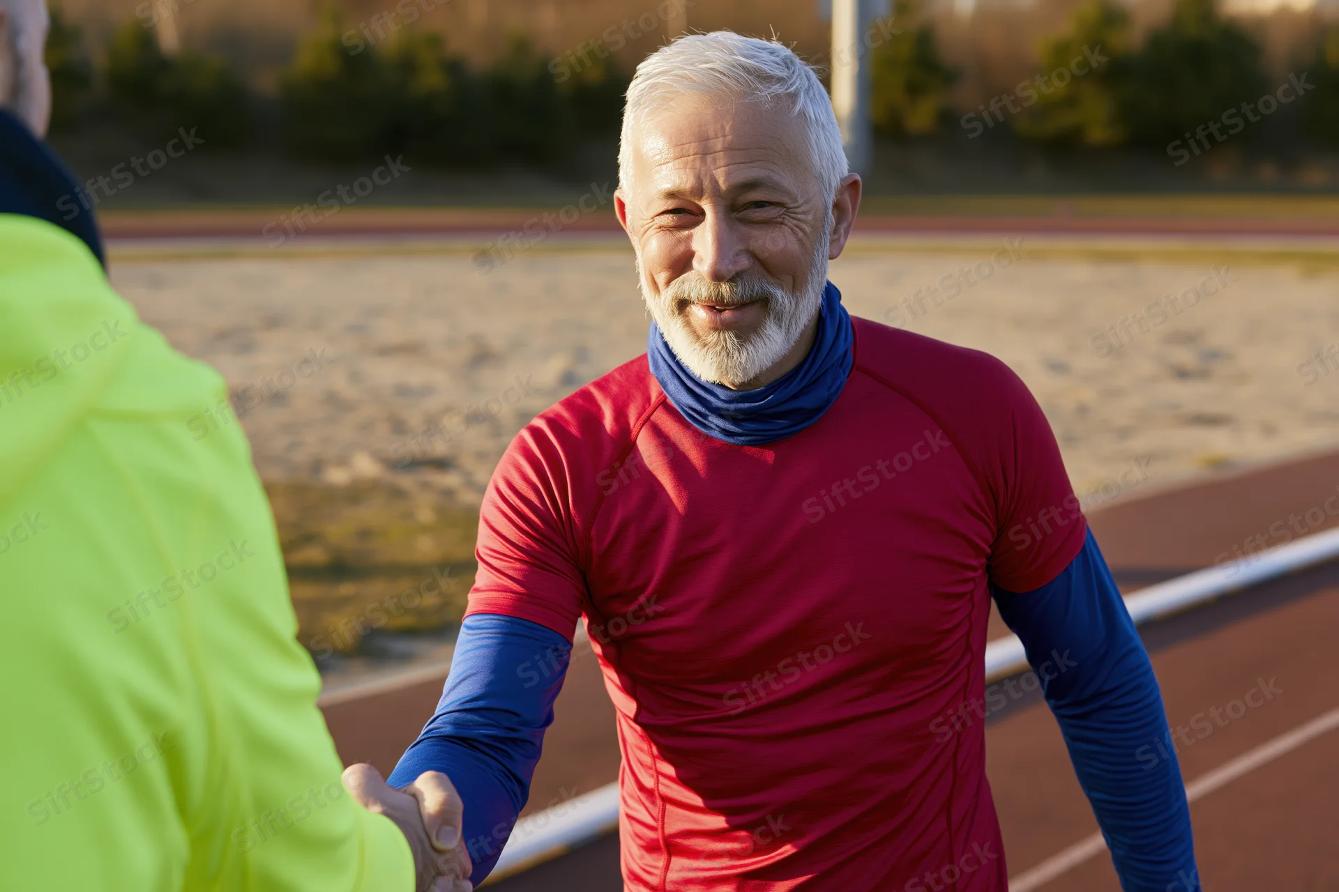 Senior man smiling while shaking hands on a running track