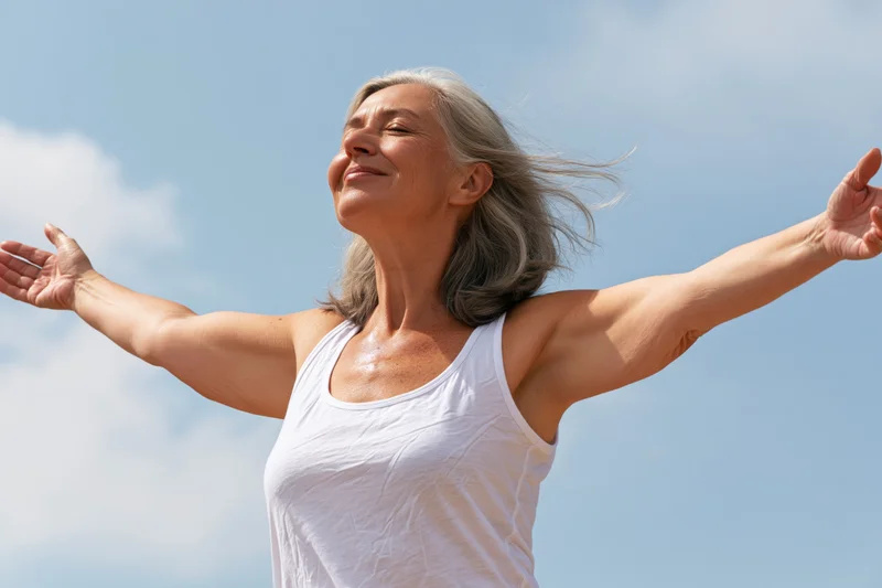 Senior woman with arms outstretched smiling under clear blue sky