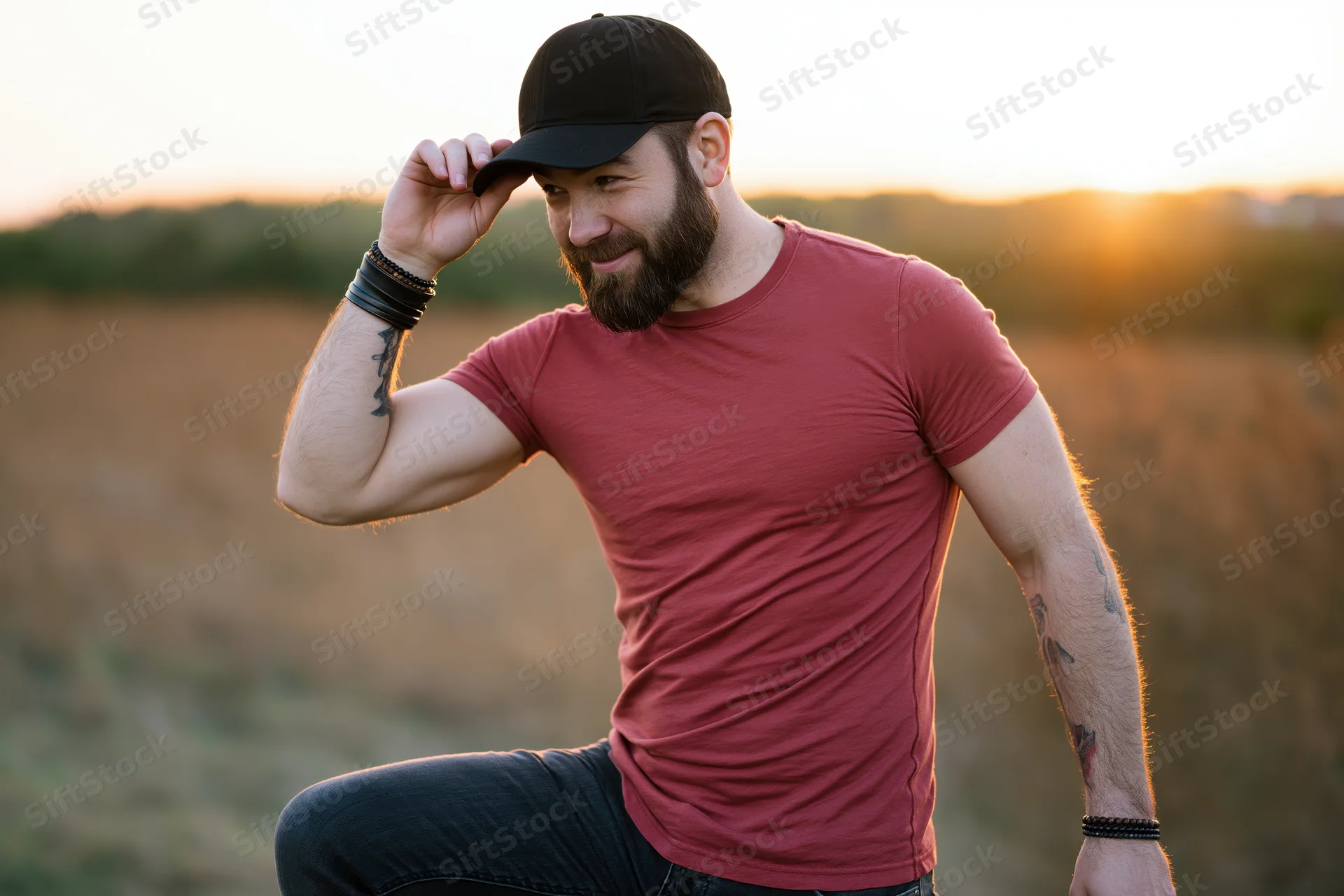 Bearded man in red tshirt and cap kneeling in a field at sunset, smiling and touching his cap