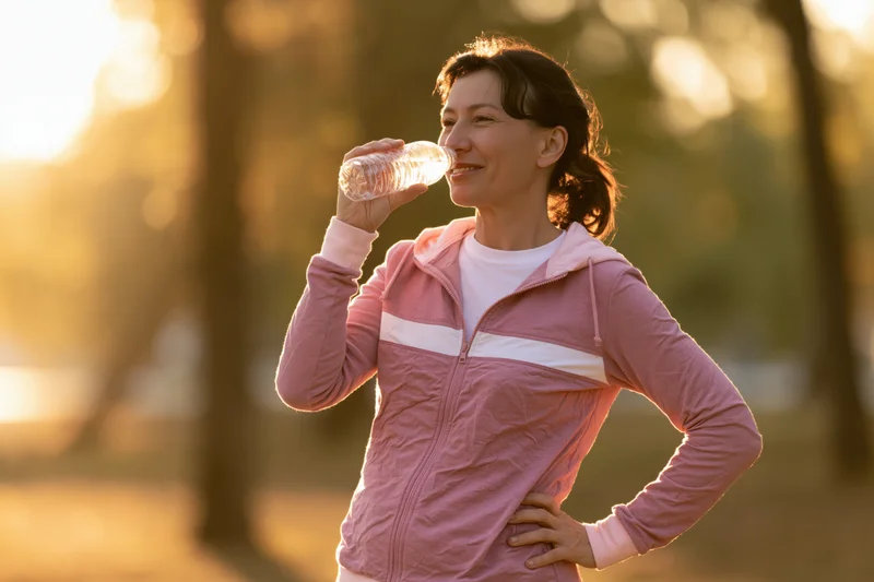 Woman drinking water from a bottle after exercising in a park at sunset