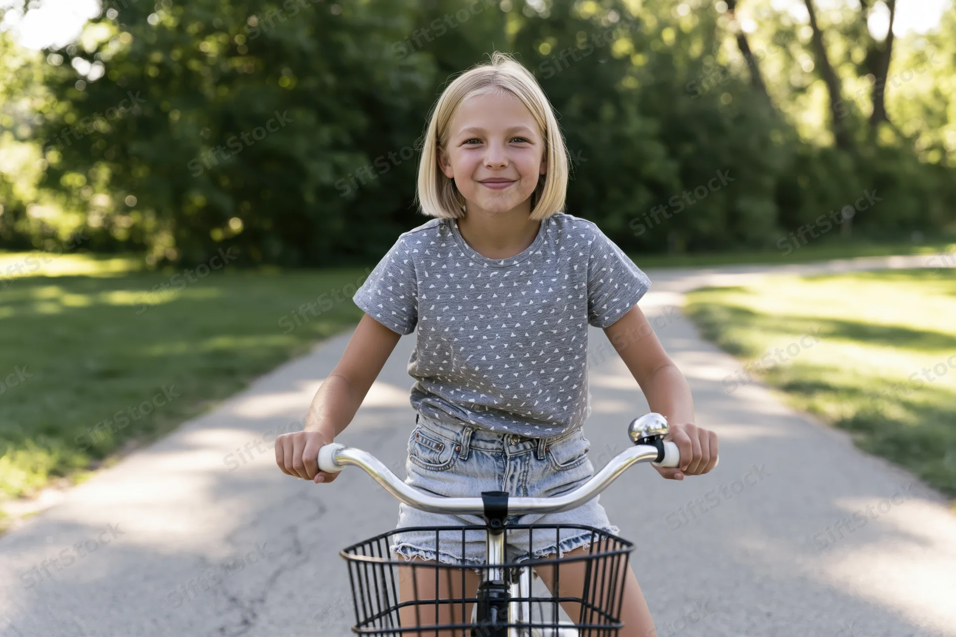 Young girl smiling while riding bicycle on paved path in park