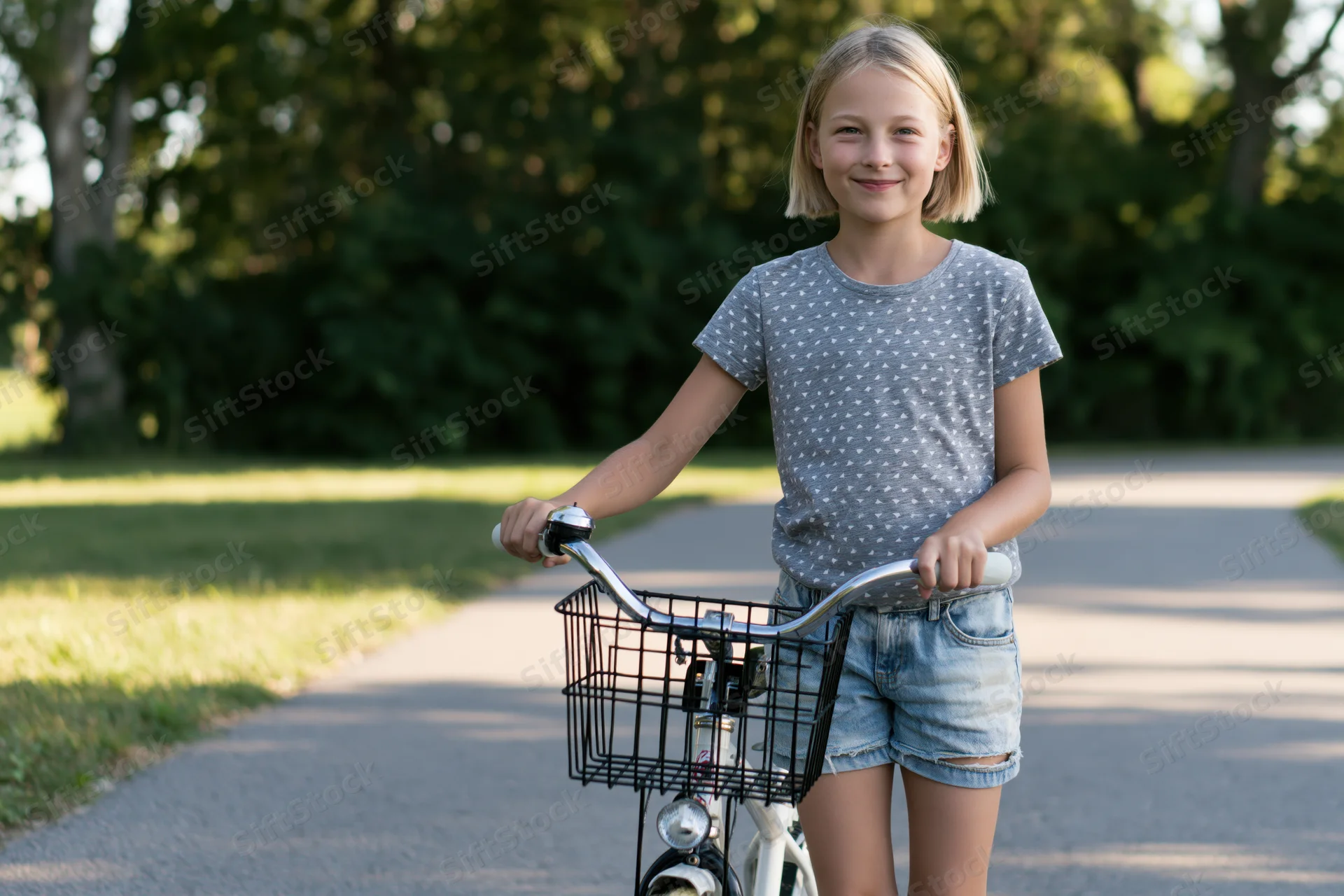 Smiling girl holding bicycle on paved park pathway