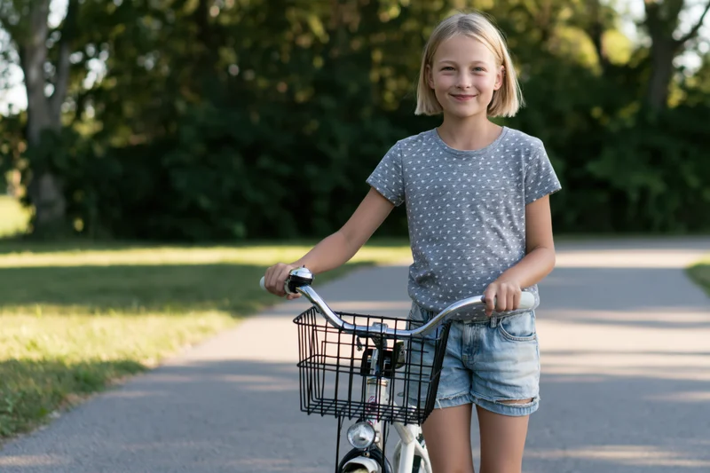 Smiling girl holding bicycle on paved park pathway