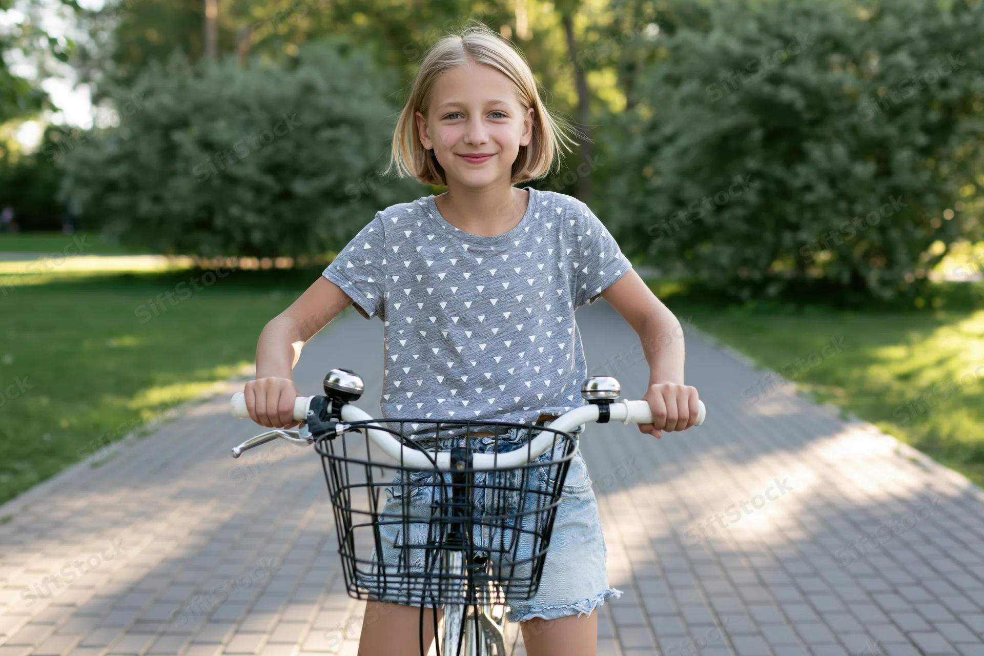Young girl smiling while riding bicycle on paved path in park