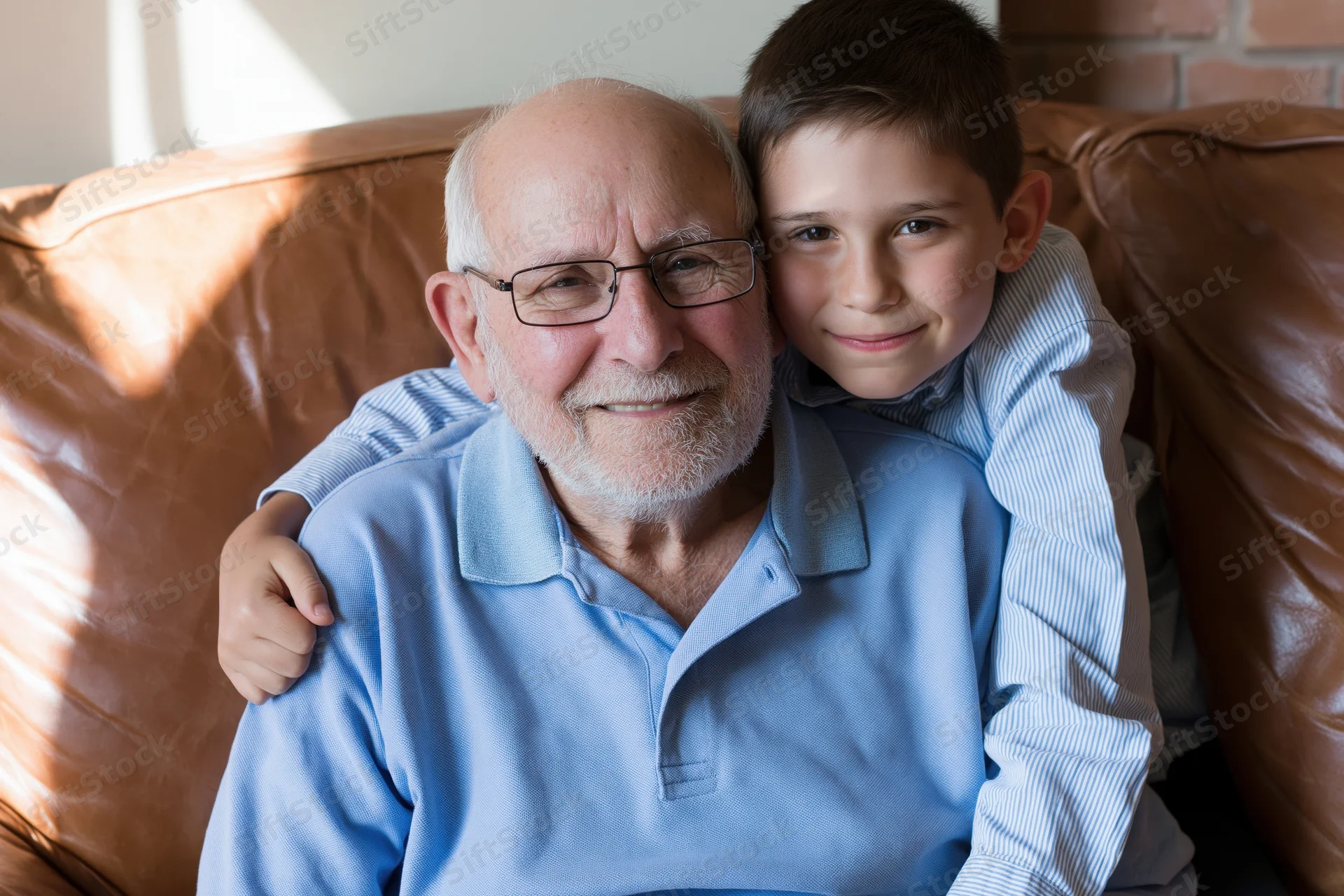 Grandfather and grandson smiling together on a leather couch in a sunlit living room
