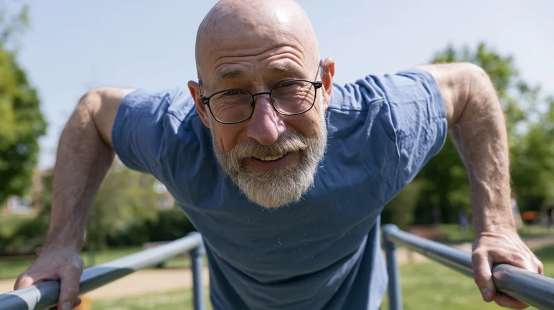 Bald man with gray beard doing pushups on parallel bars in a park