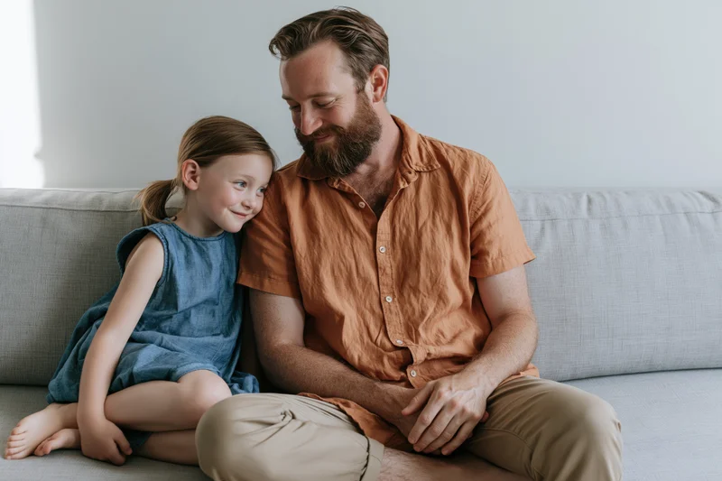 Father and daughter sitting together on a couch smiling at each other in a living room