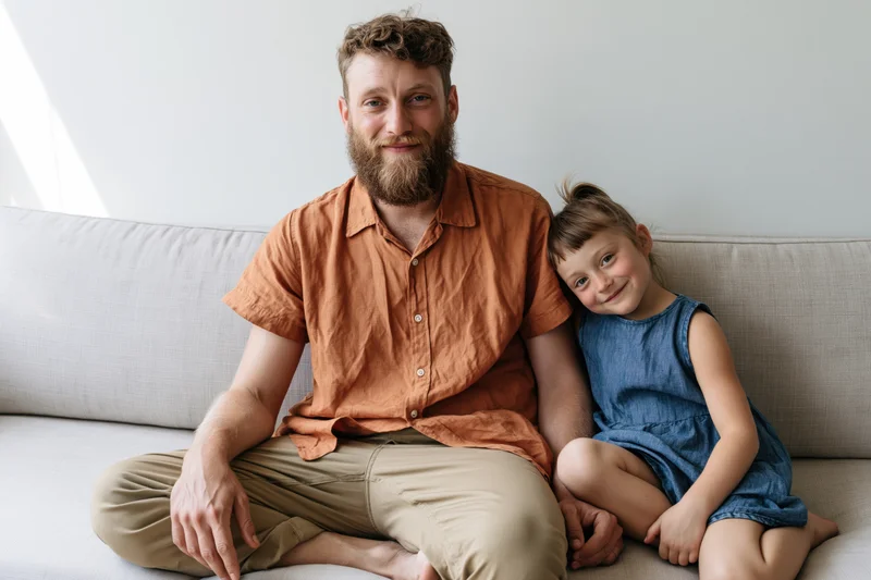 Bearded man and young girl sitting together on a couch smiling at camera