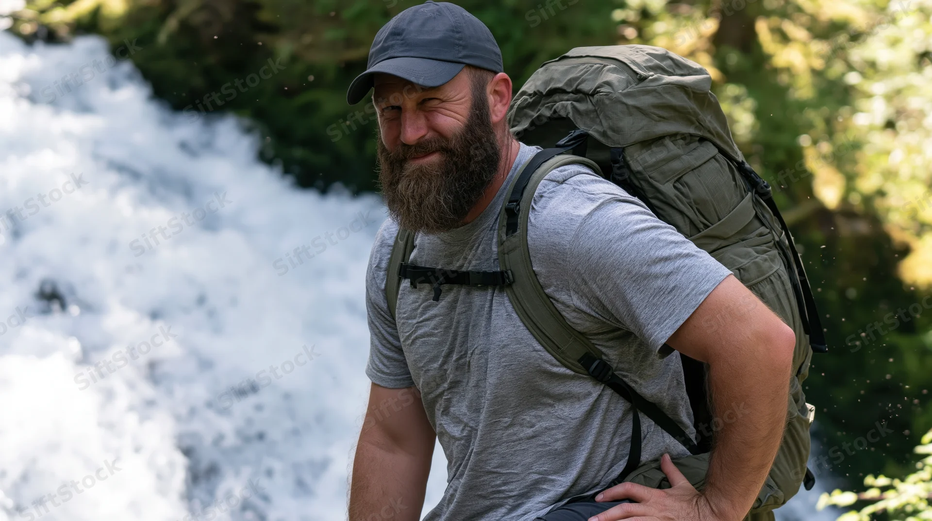 Bearded man hiking with backpack near rushing stream in forest